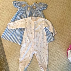 Smocked bunny dress 18-24 months. Sleeper 18 months.  Both EUC.